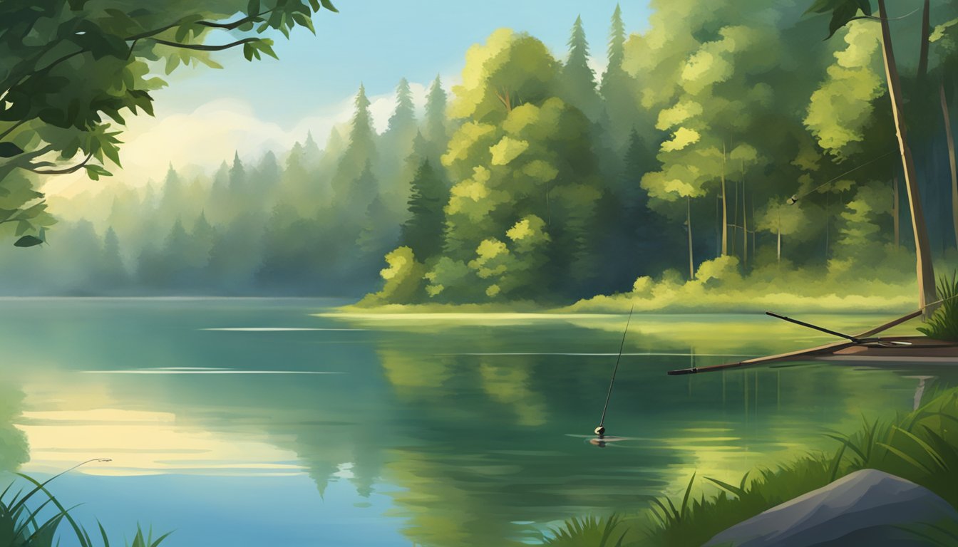 A serene lake surrounded by lush greenery, with a fishing rod and baited hook cast into the water, waiting for a bite