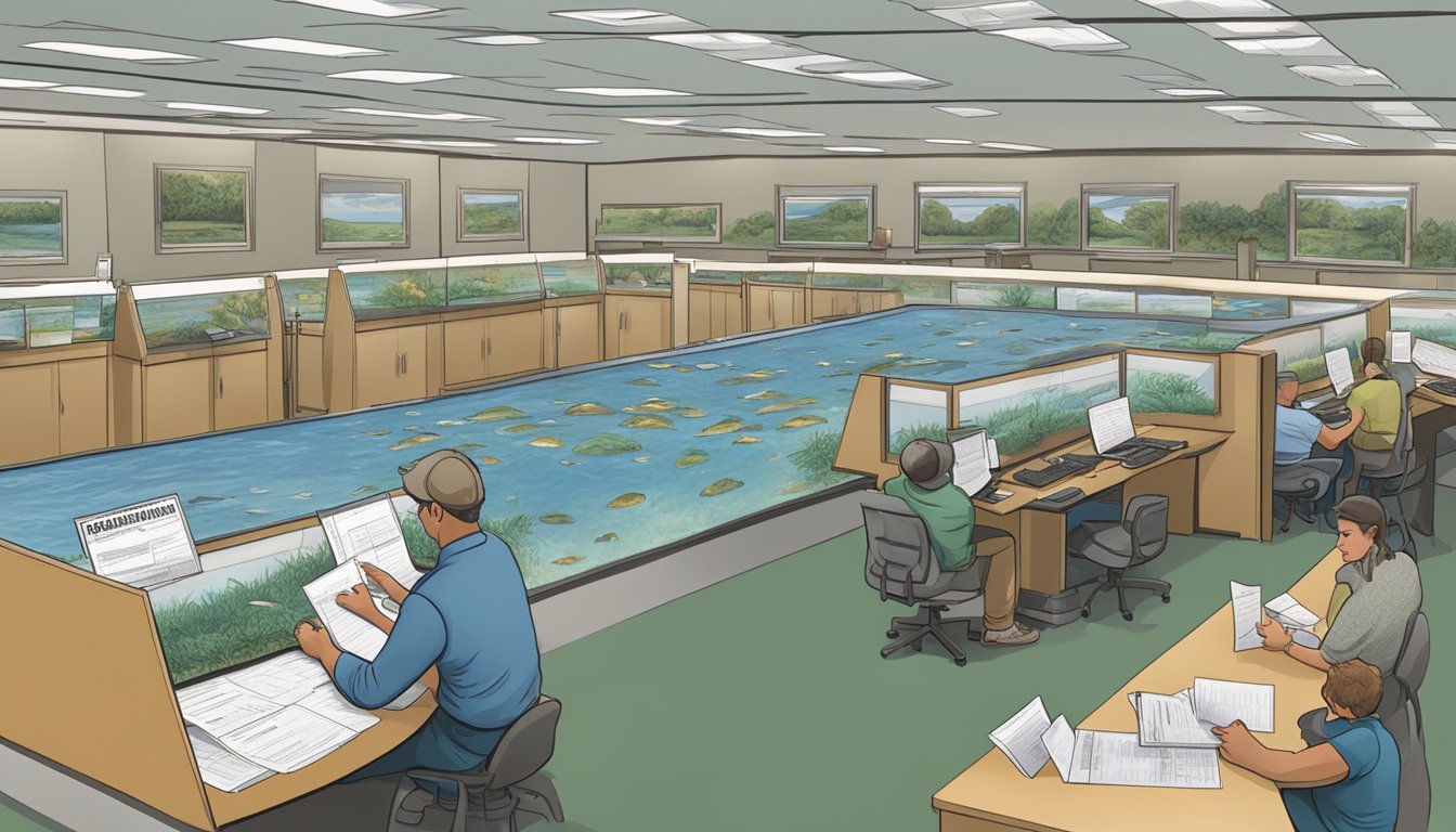 A person filling out a freshwater fishing license application at an Indiana Department of Natural Resources office