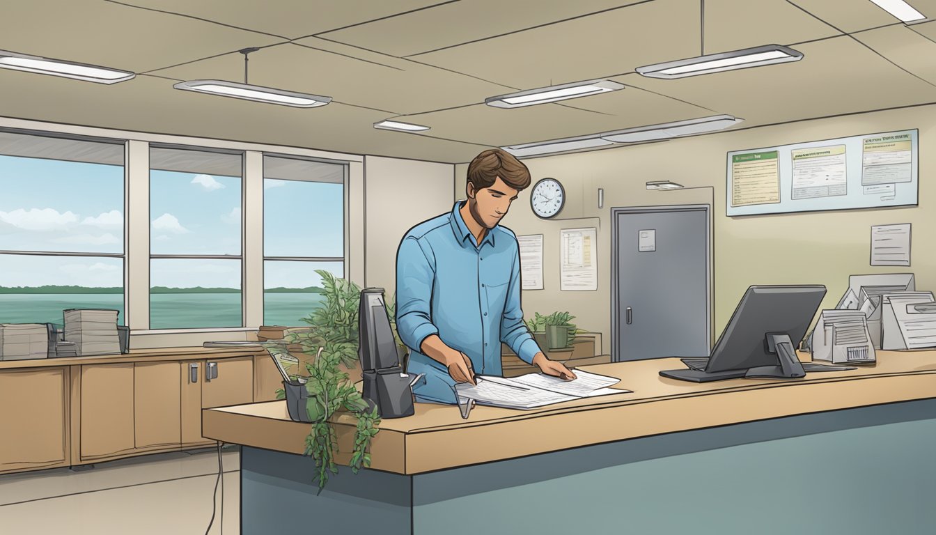 A person standing at a government office counter, filling out paperwork and presenting identification to obtain a freshwater fishing license in Mississippi