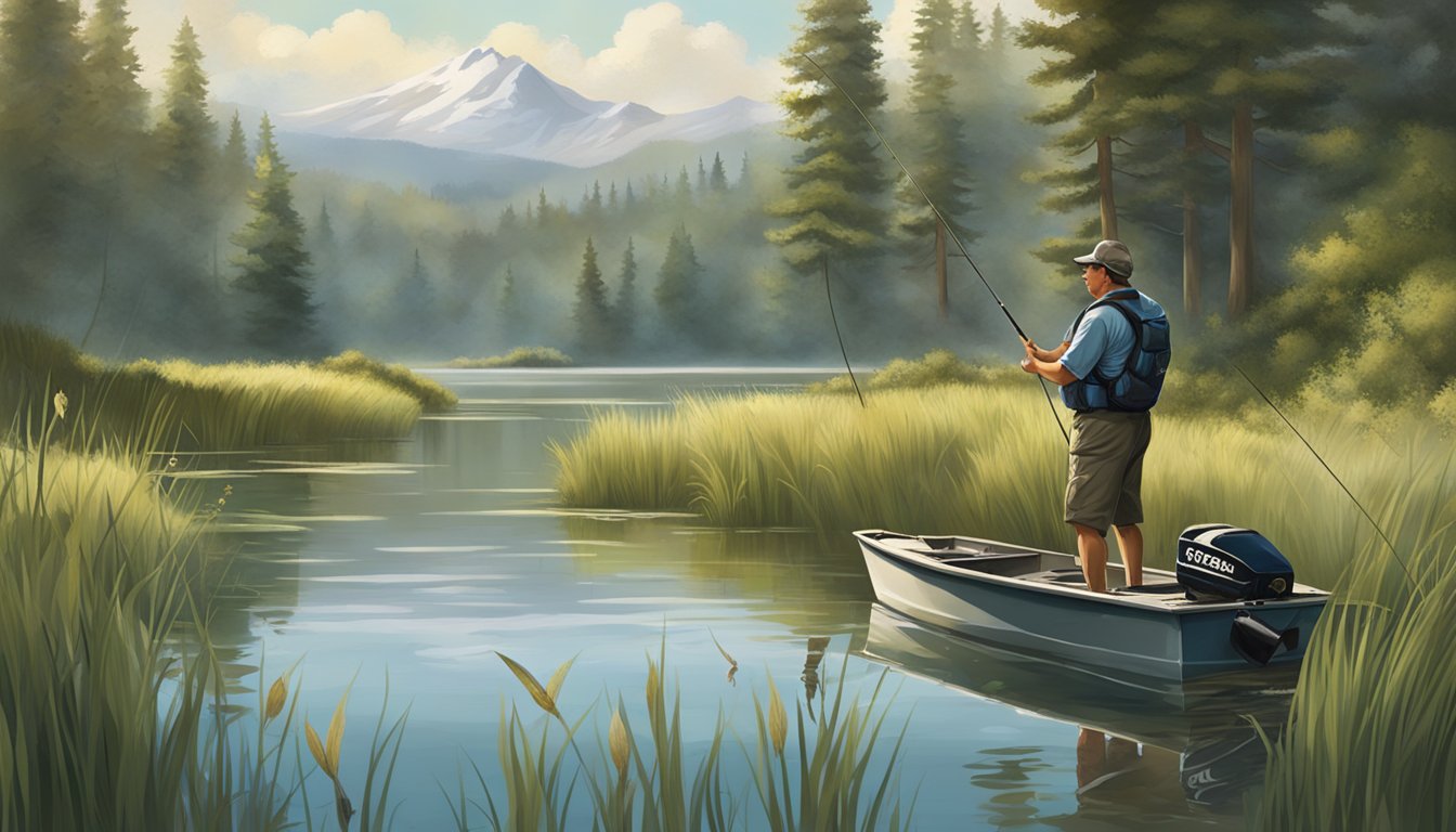 A serene lake surrounded by tall grass and trees, with a sign displaying state fishing regulations and a conservation poster. A fisherman catches a large bass from the calm waters