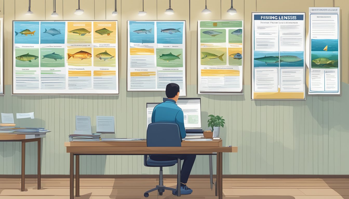 A person filling out a form at a government office, with a poster on the wall showing different types of fishing licenses available