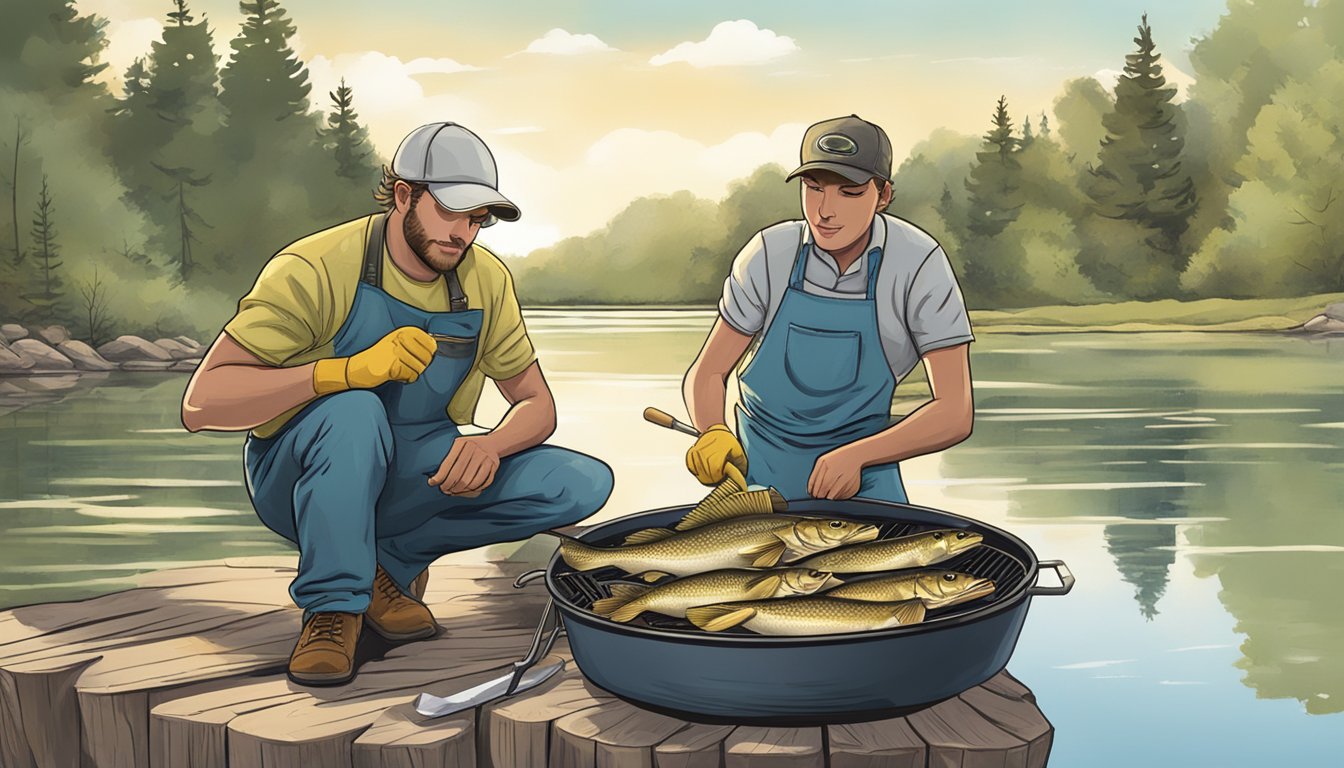 A person cleaning and grilling a freshly caught walleye by a tranquil lake in Nebraska