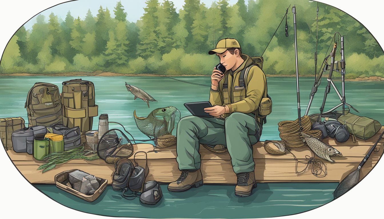 A person on the phone with the Indiana DNR, surrounded by fishing gear and a map of Indiana