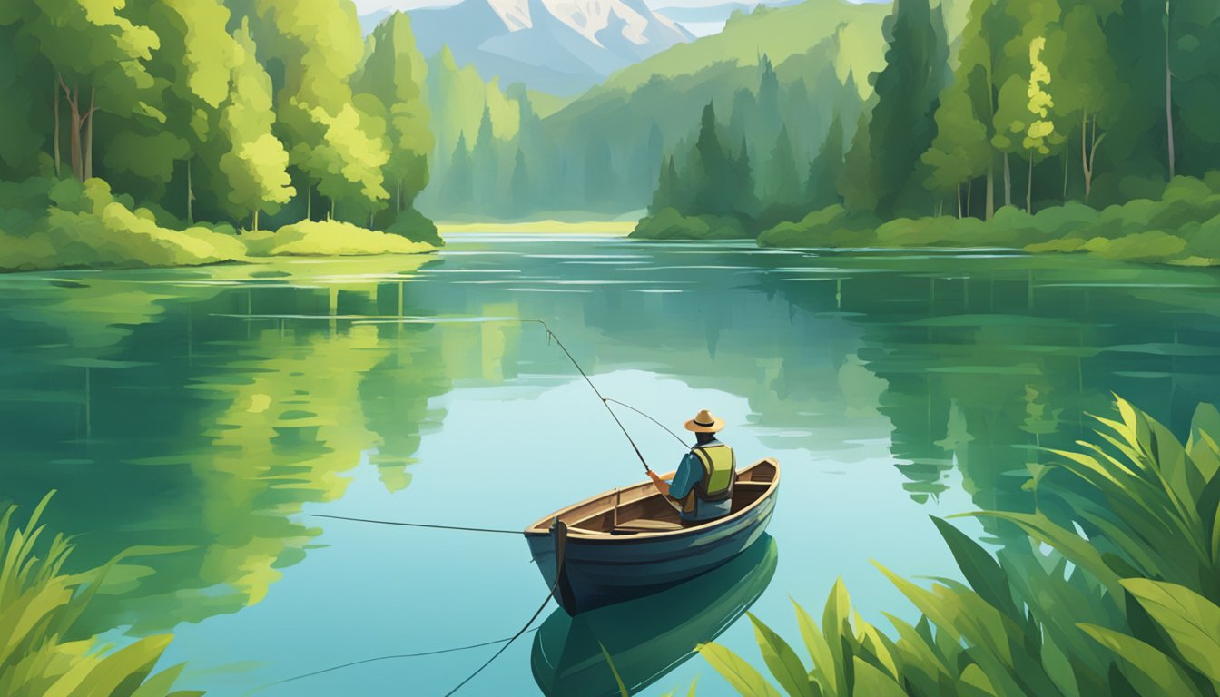 A serene lake surrounded by lush greenery with a fishing boat and a person casting a line into the water