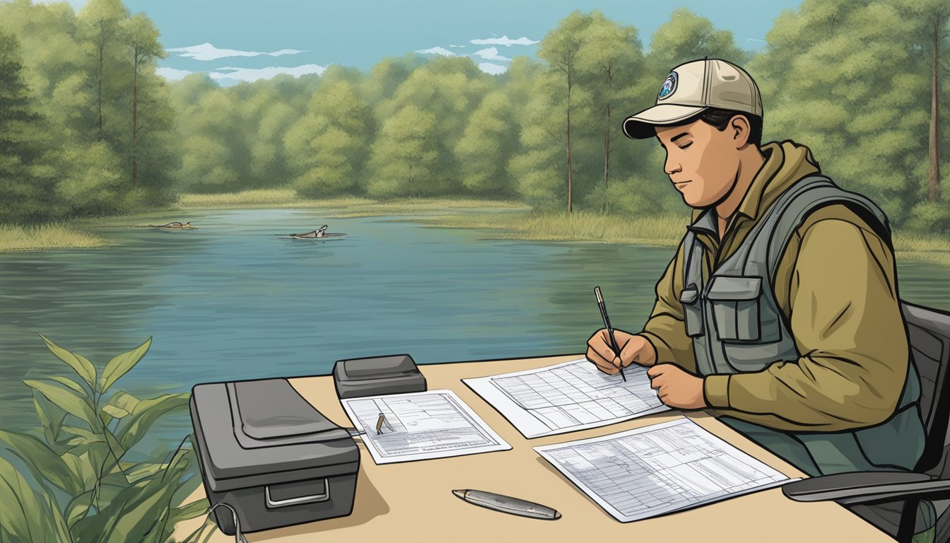 A person filling out a freshwater fishing license application at a Mississippi Department of Wildlife, Fisheries, and Parks office