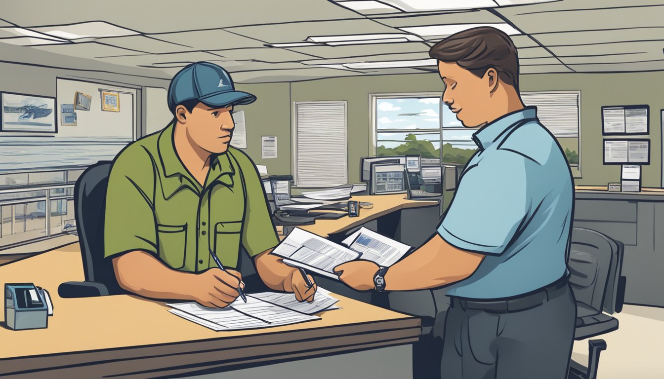 A person at a Mississippi fishing office, filling out forms and discussing payment methods with a staff member