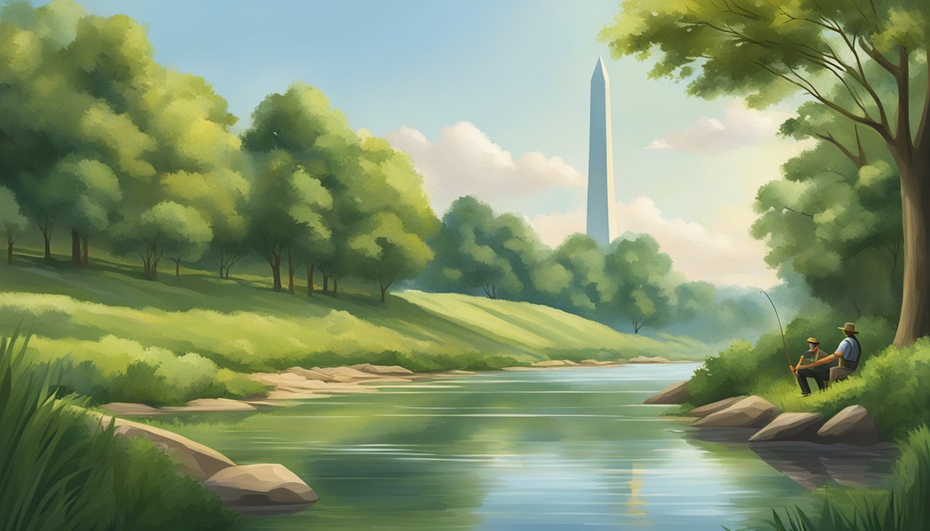 A serene riverbank with a fisherman casting his line into the water, surrounded by lush greenery and the Washington Monument in the distance