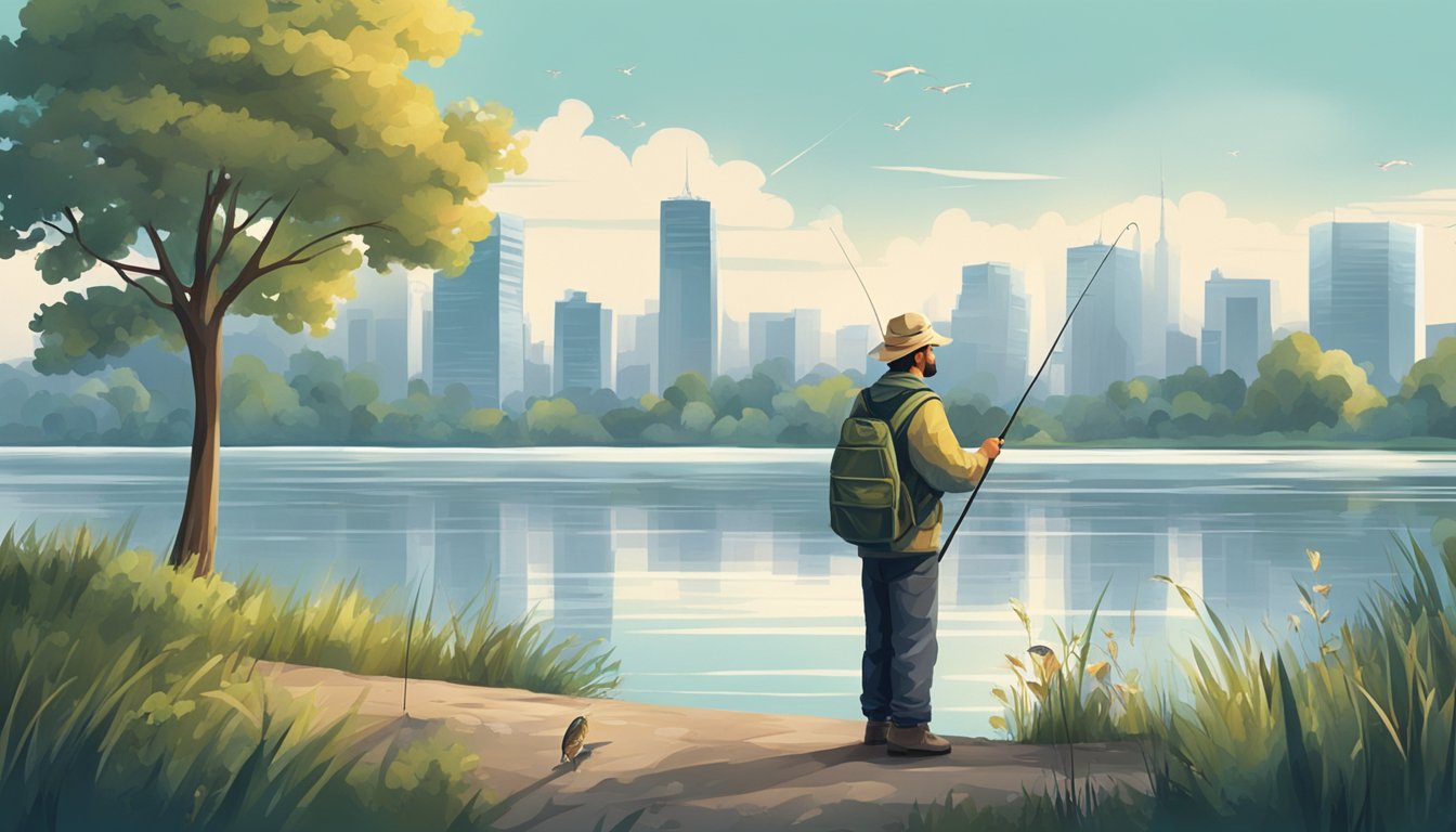 A fisherman standing by a calm river, holding a fishing rod with a fish on the line. Trees and city skyline in the background