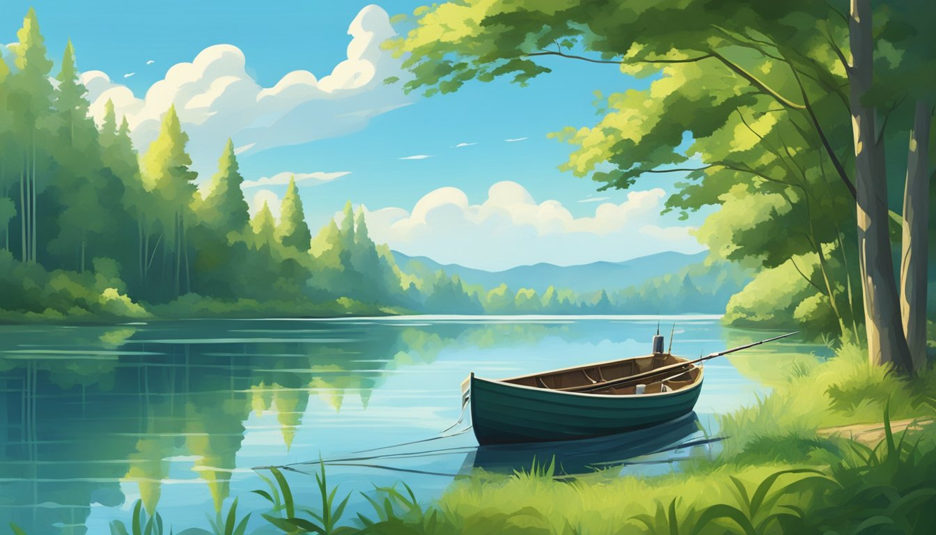 A serene lake surrounded by lush green trees, with a fishing boat and a fishing rod on the shore, under a clear blue sky