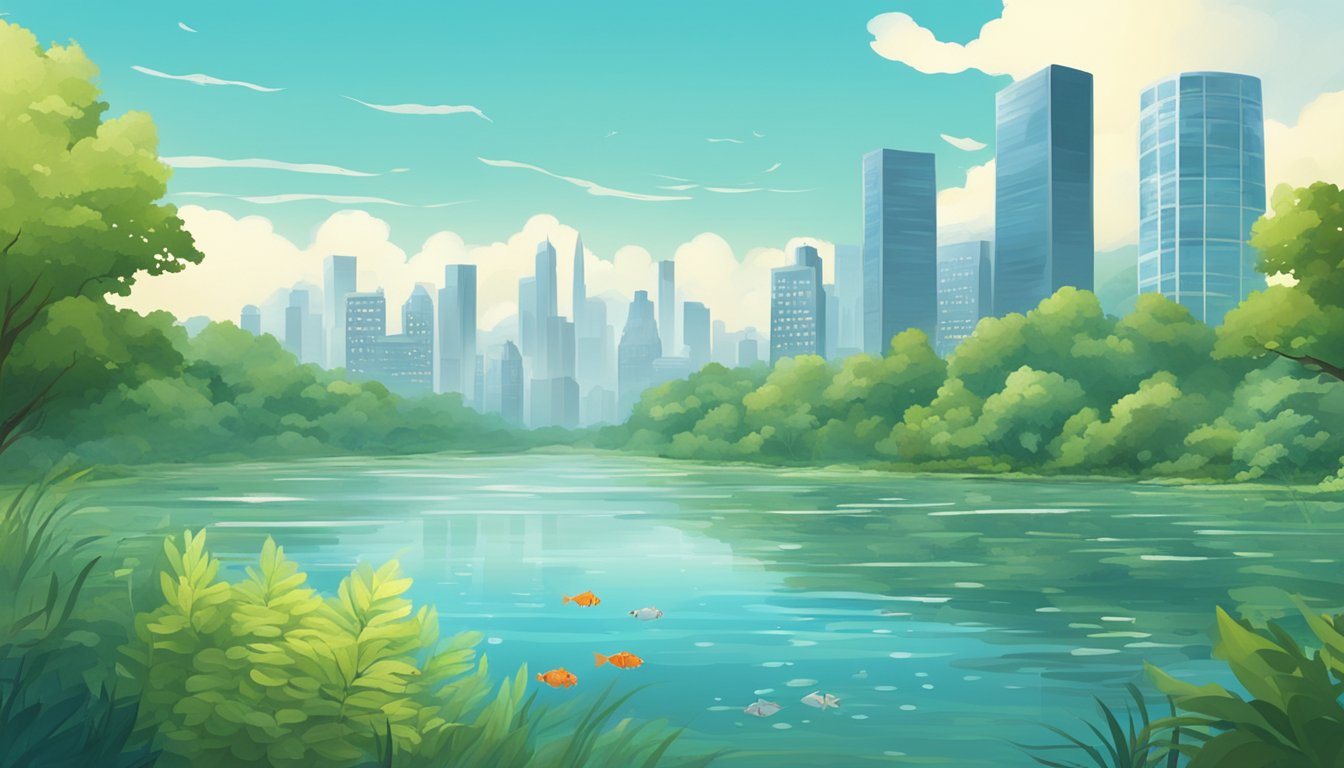 A serene river with a variety of fish swimming in clear water, surrounded by lush greenery and a city skyline in the background