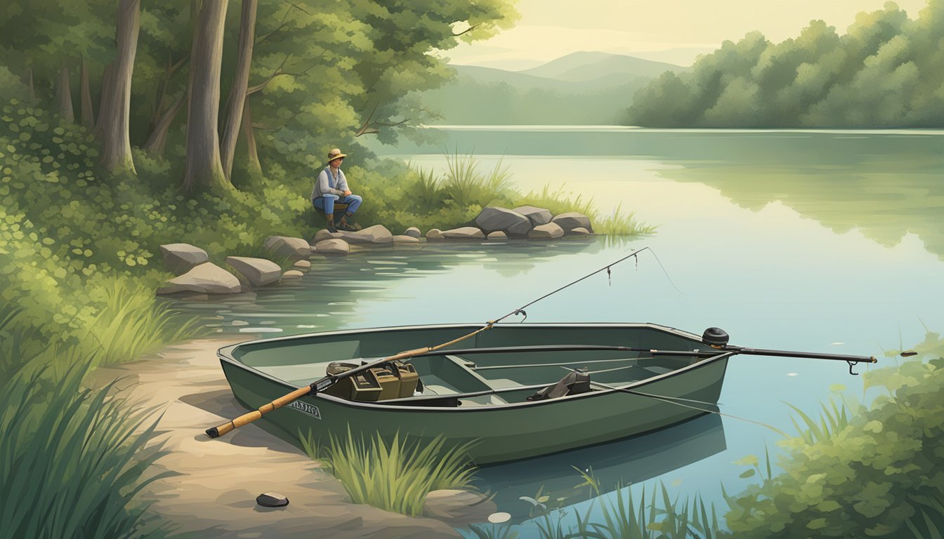 A serene lake surrounded by lush greenery, with a fishing rod and tackle box on the shore. A sign nearby displaying "Kentucky Freshwater Fishing License."