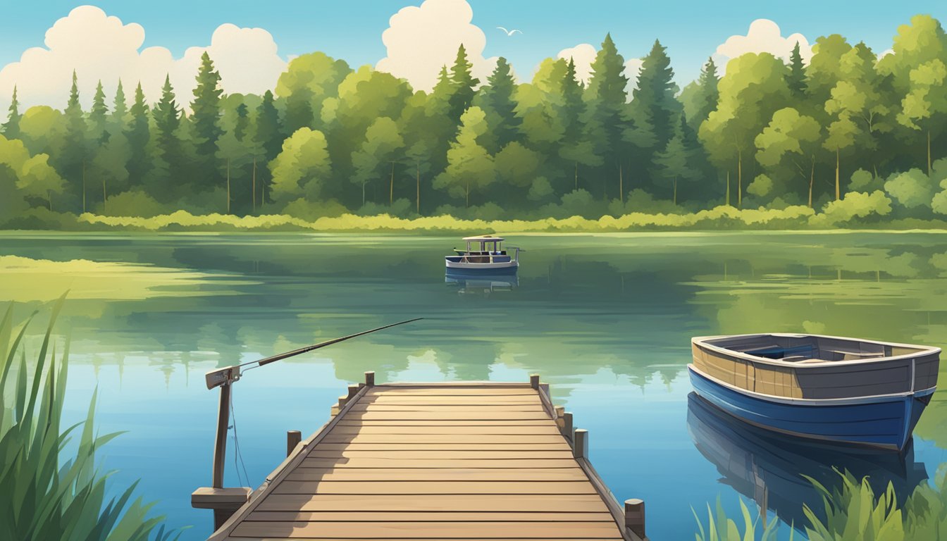 A serene lake with a wooden dock, surrounded by lush greenery and a clear blue sky. A fishing boat is anchored nearby, and a sign displaying Nebraska Fishing Regulations is posted on the shore