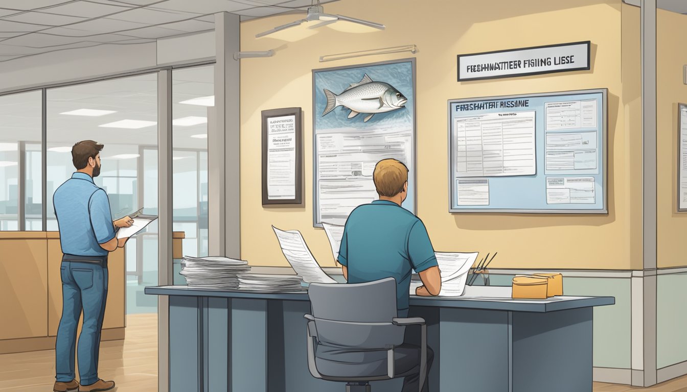 A person filling out paperwork at a government office, with a sign indicating "Freshwater Fishing License" and "Additional Permits" on the wall