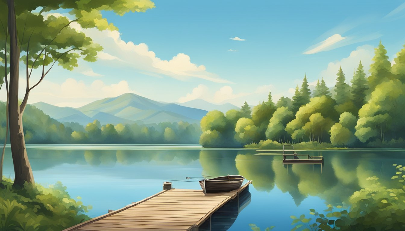 A peaceful lake surrounded by lush green trees, with a wooden dock extending into the calm water. A fishing boat is anchored nearby, and the clear blue sky reflects on the surface of the lake