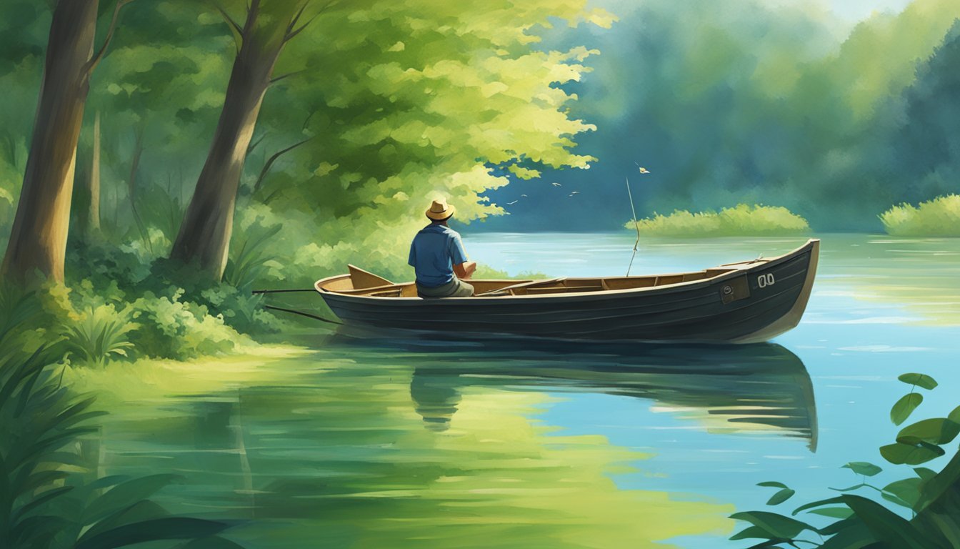 A serene lake surrounded by lush green trees, with a fishing boat and a person casting a line into the calm water