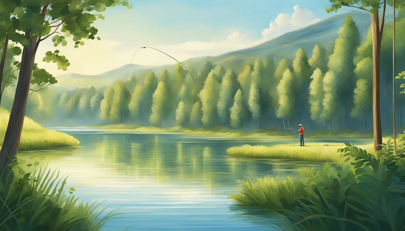 A person standing at a picturesque lake, casting a fishing line into the water surrounded by lush green trees and a clear blue sky