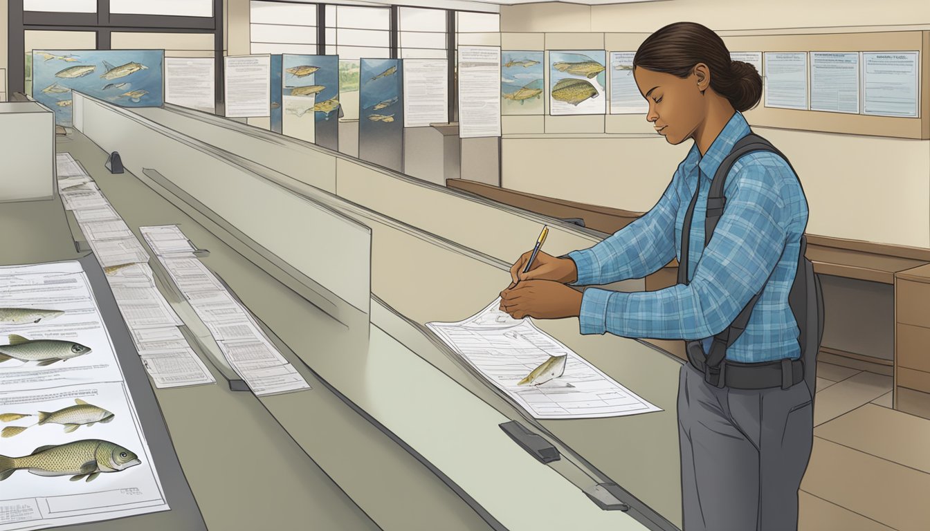 A person filling out a form at a Maryland Department of Natural Resources office, with a poster of freshwater fish on the wall