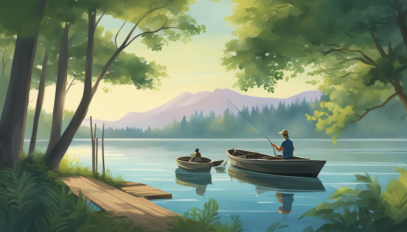 A serene lake surrounded by lush green trees, with a fishing boat and a dock in the foreground. A person is seen obtaining a fishing license from a nearby office