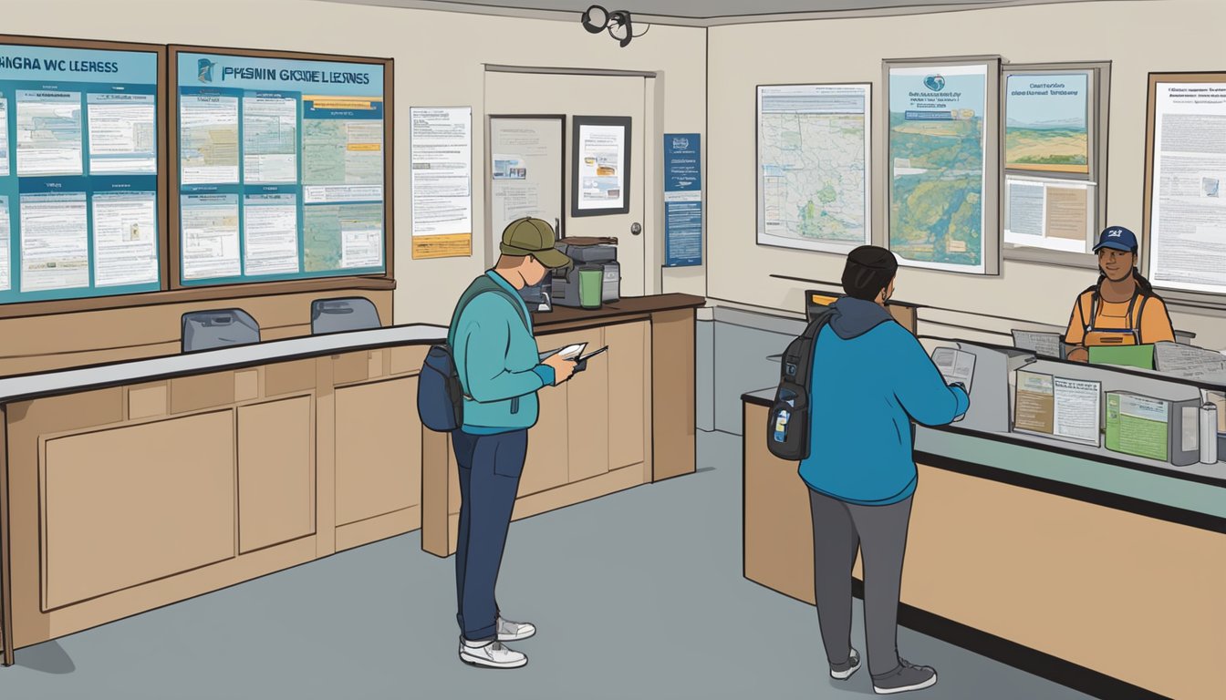 A person standing at a New Jersey fishing license office, filling out paperwork at the counter while speaking to a staff member. Outside, a sign displays information about freshwater fishing permits