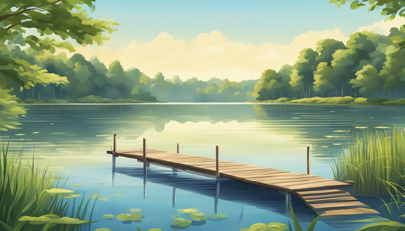 A serene lake nestled in the New Jersey countryside, surrounded by lush greenery and a wooden fishing dock. A clear blue sky and gentle ripples on the water