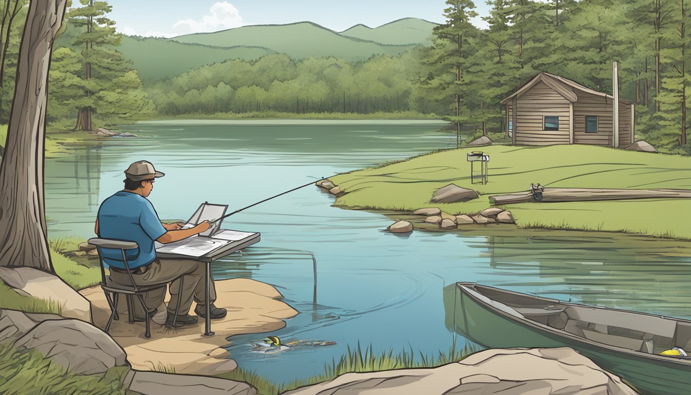 A person filling out a form at a government office to obtain a freshwater fishing license in Arkansas