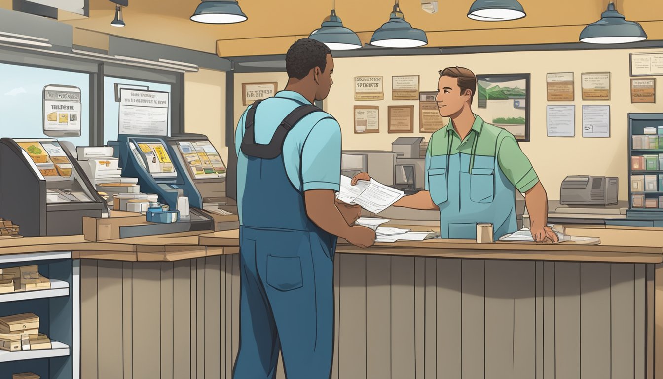 A person standing at a counter, handing over paperwork and payment to a clerk. Signs and posters on the wall indicate fishing license information