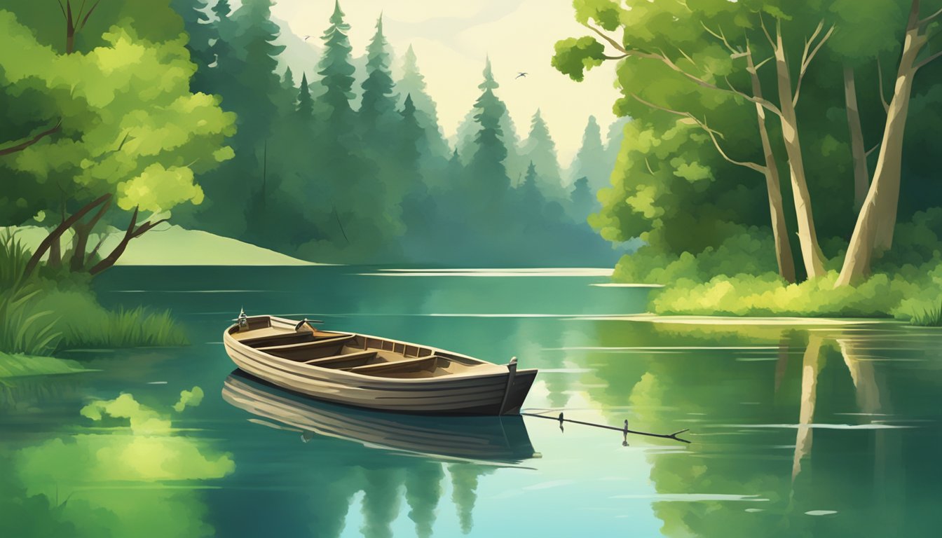 A serene lake surrounded by lush green trees, with a fishing boat and a fishing rod on the shore