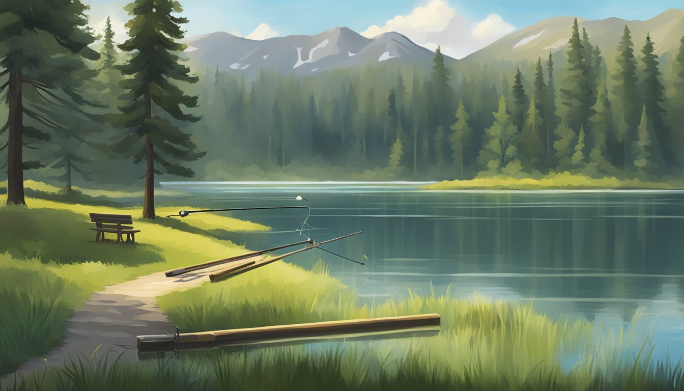 A serene lake surrounded by lush greenery, with a fishing rod and a sign indicating "Freshwater Fishing License Required" in Montana