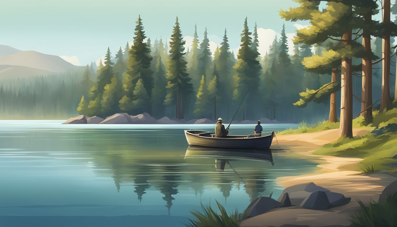 A peaceful lake surrounded by pine trees, with a fishing boat and a fishing rod on the shore