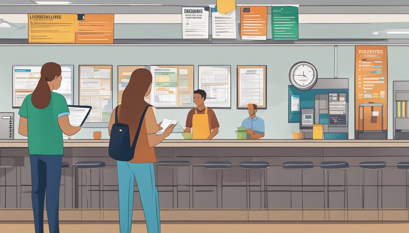 A person standing at a counter, filling out paperwork while talking to a clerk. A sign on the wall displays different types of licenses and permits available