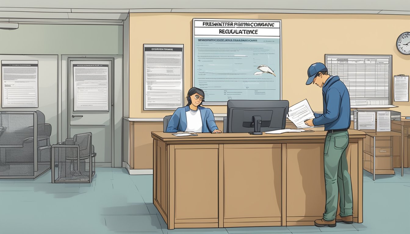 A person filling out a form at a government office, with a sign displaying "Freshwater Fishing License" and "Regulations and Compliance" in the background