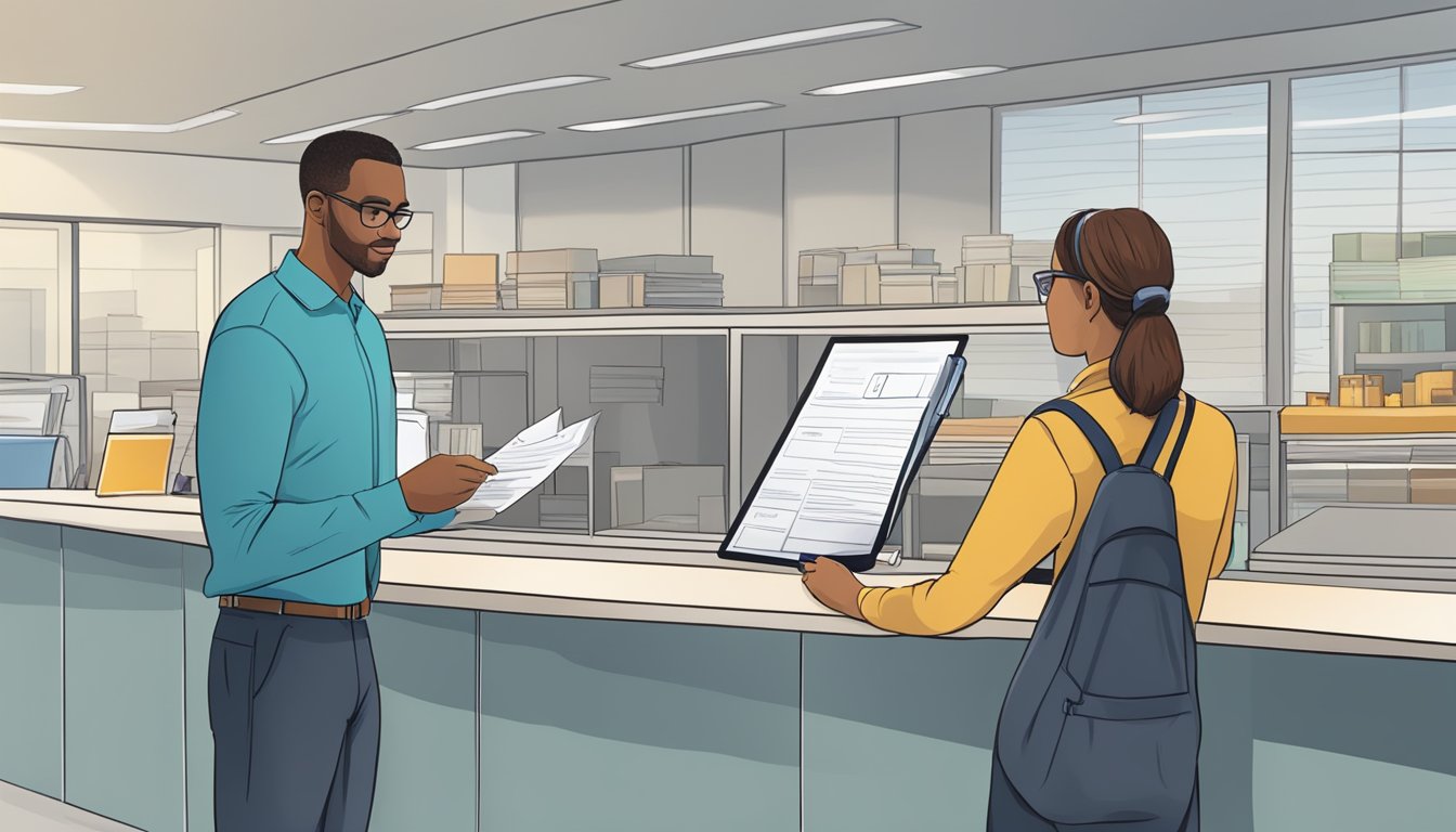 A person standing at a counter, presenting identification and filling out paperwork while talking to a state official