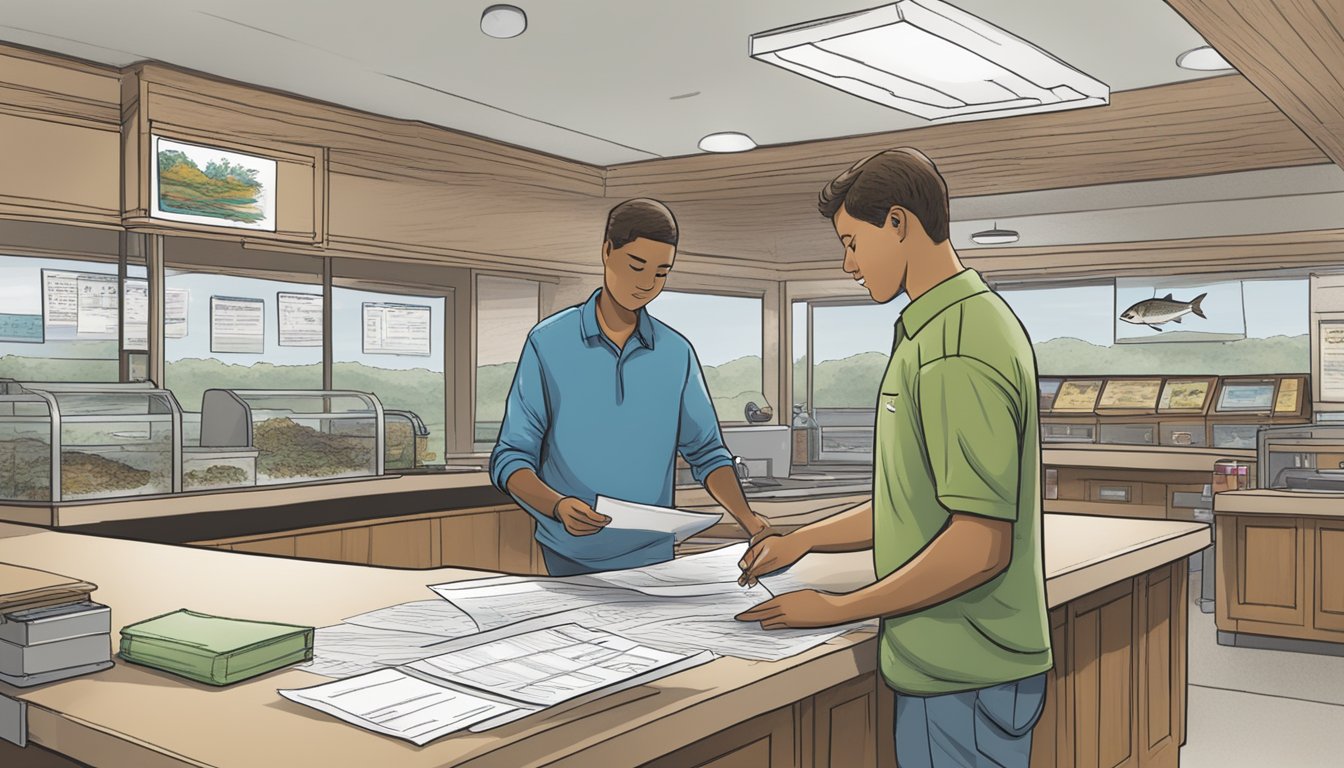 A person standing at a counter, filling out paperwork, while a clerk processes their application for a freshwater fishing license in Oklahoma