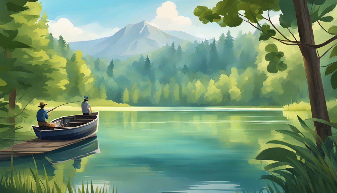 A serene lake surrounded by lush trees, with a fishing boat and a fishing rod on the shore