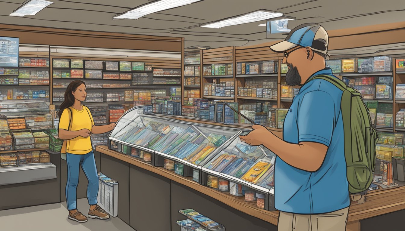 A person purchasing a freshwater fishing license at a Rhode Island outdoor sporting goods store