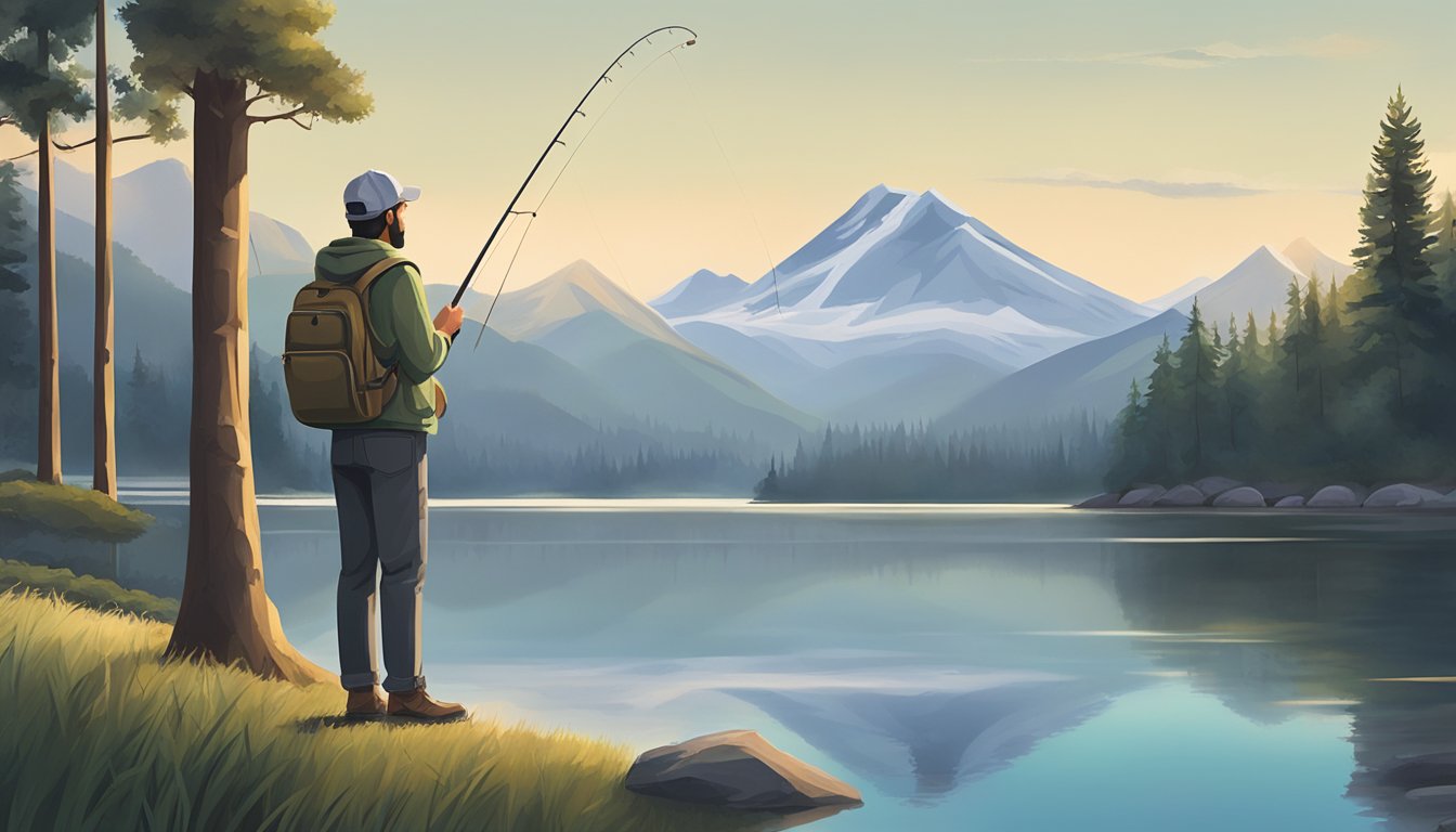 A person standing at a serene lake, holding a fishing rod with a license pinned to their clothing. Surrounding trees and a distant mountain complete the tranquil scene