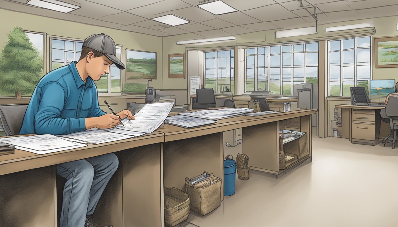 A person filling out a fishing license application at a Rhode Island freshwater fishing office