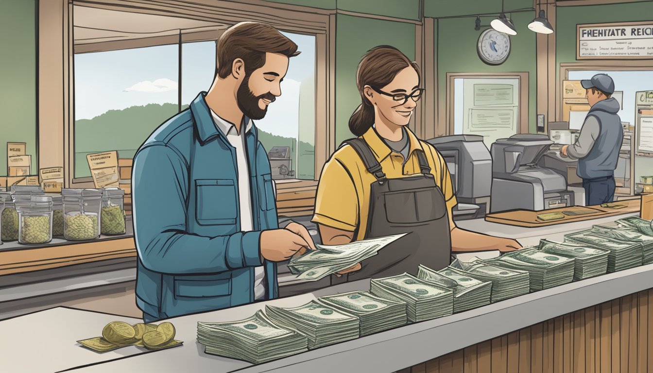 A person standing at a counter, handing over money to a clerk, while filling out a form for a freshwater fishing license in New Hampshire