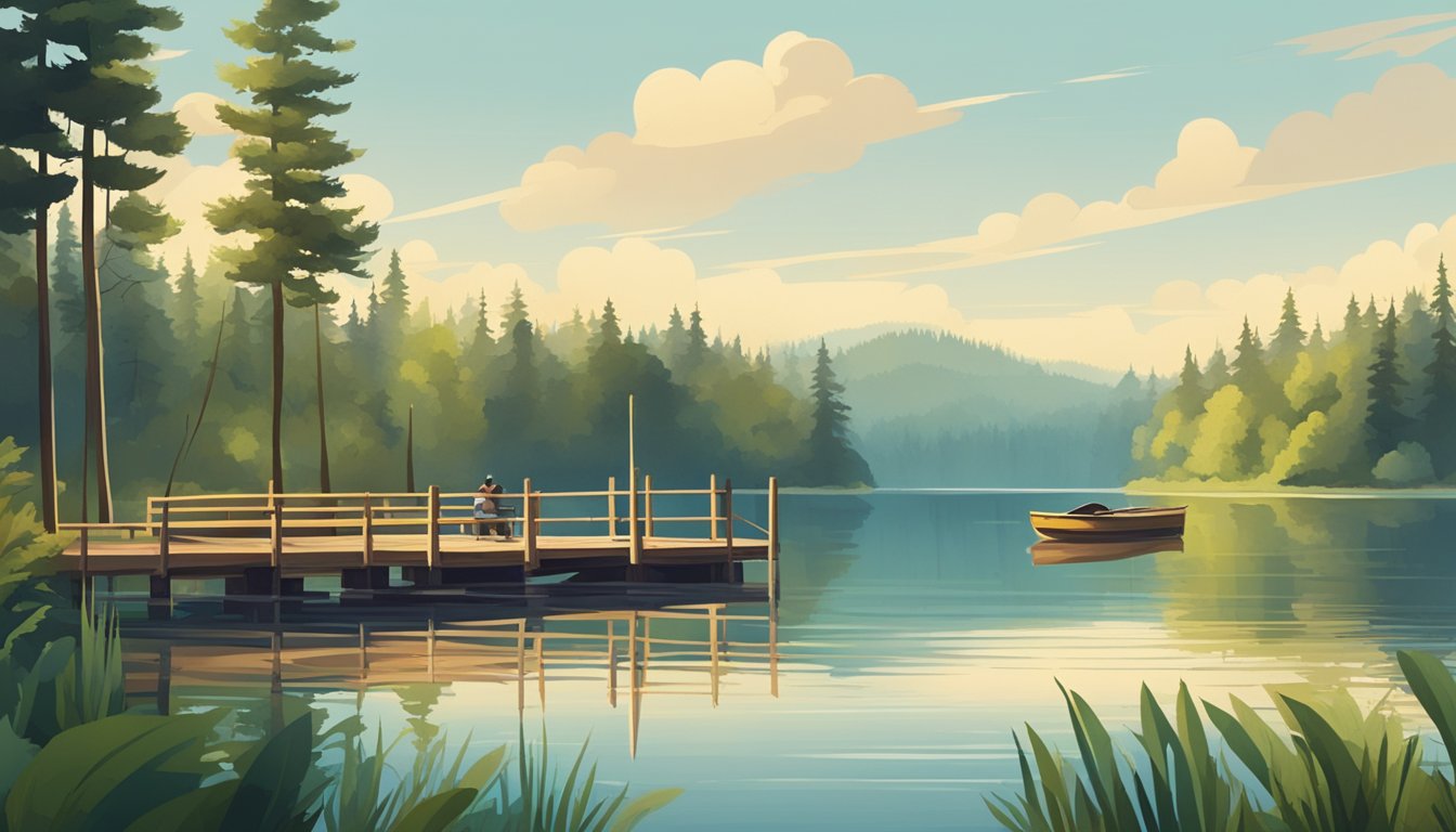 A serene lake surrounded by lush forests, with a wooden pier stretching out into the water. A small boat with fishing gear is docked nearby