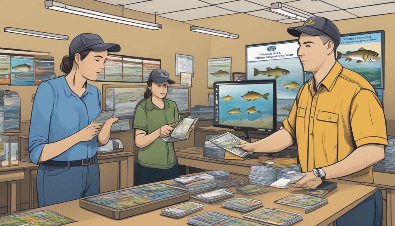 A person purchasing a freshwater fishing license at a Rhode Island state office, with a clerk assisting and a display of fishing equipment nearby