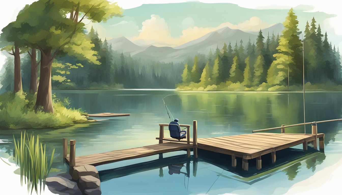 A serene lake surrounded by lush green trees, with a fishing rod and a "Freshwater Fishing License" displayed on a wooden dock