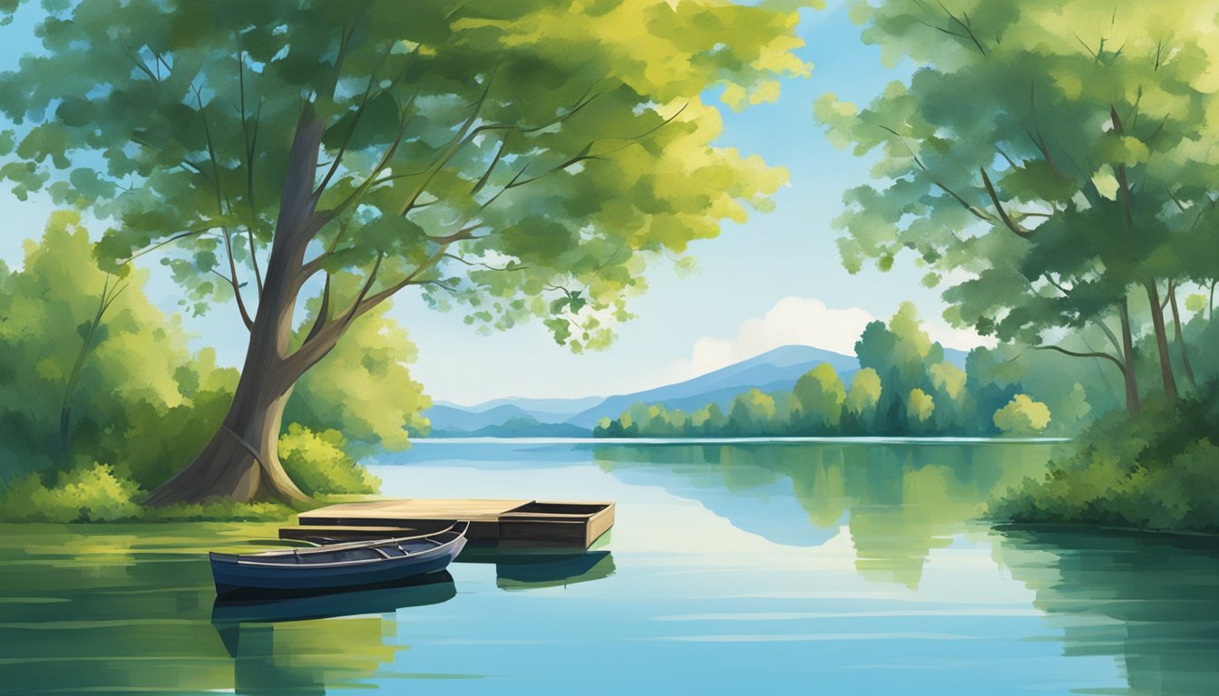 A serene lake surrounded by lush green trees, with a small wooden dock extending into the water. A fishing boat is anchored nearby, and the clear blue sky reflects off the calm surface of the lake