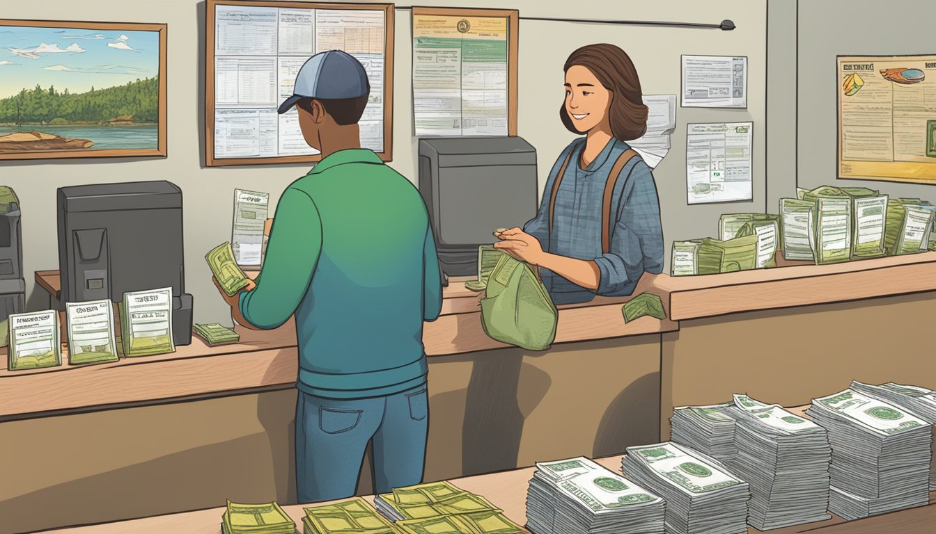 A person standing at a counter, handing over paperwork and money to a clerk, with a sign displaying "New Hampshire Fishing License" in the background