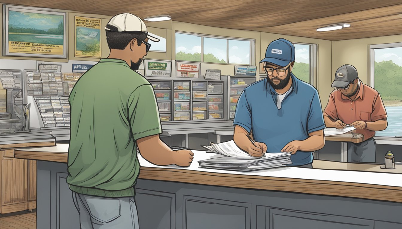 A person standing at a counter, filling out paperwork while a clerk assists them in obtaining a freshwater fishing license in Rhode Island