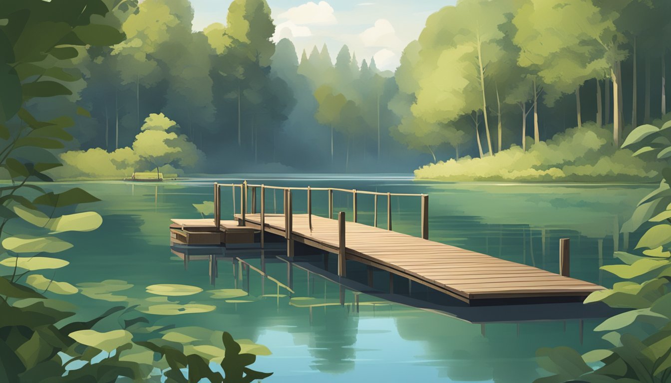 A serene lake surrounded by lush greenery, with a wooden dock extending into the water. A sign displaying fishing regulations is posted nearby