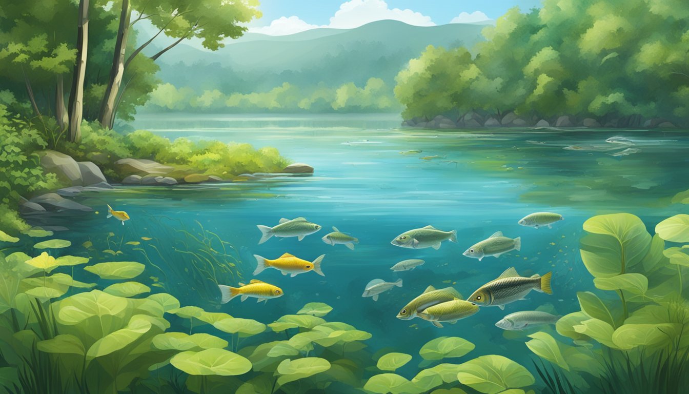 A serene lake surrounded by lush greenery, with various freshwater baitfish swimming near the surface and a variety of fish species visible below