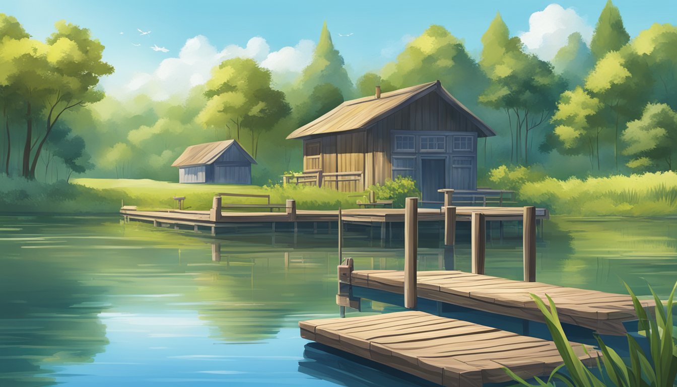 A serene lakeside with a wooden fishing dock, surrounded by lush greenery and calm waters reflecting the clear blue sky