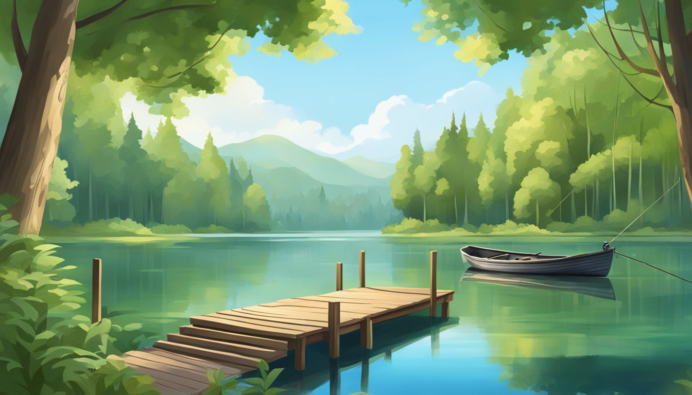 A serene lake surrounded by lush green trees, with a wooden dock stretching out into the water. A small boat with fishing gear is tied to the dock