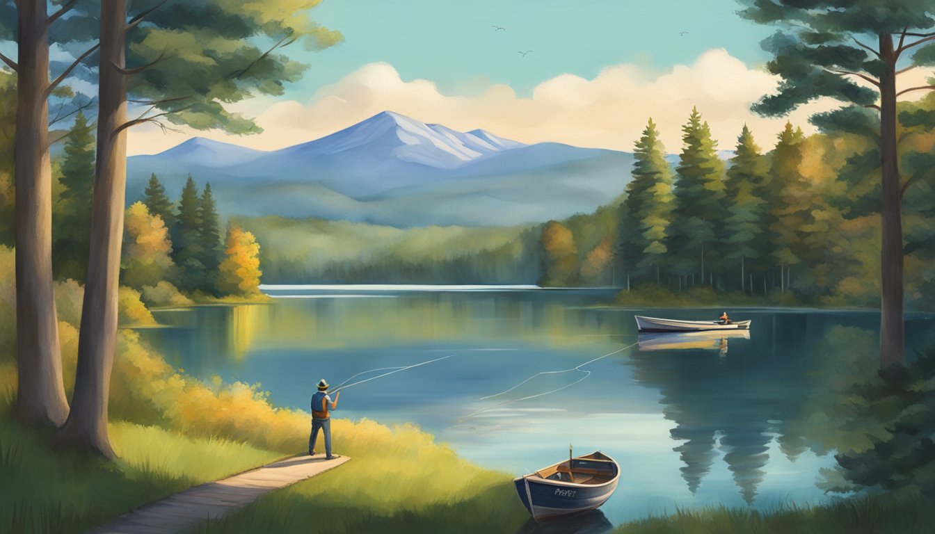 A serene Vermont lake with a fishing boat and a person casting a line. Surrounding trees and mountains in the background