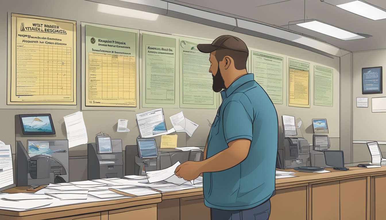 A person filling out a form at a West Virginia Department of Natural Resources office, with a poster showing a fishing license displayed on the wall